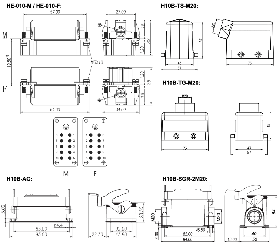 Heavy Duty Connector, 10 Pin, AC 250V/500V, 16A(图2) 10 pin AC 500 volt heavy duty connector dimension