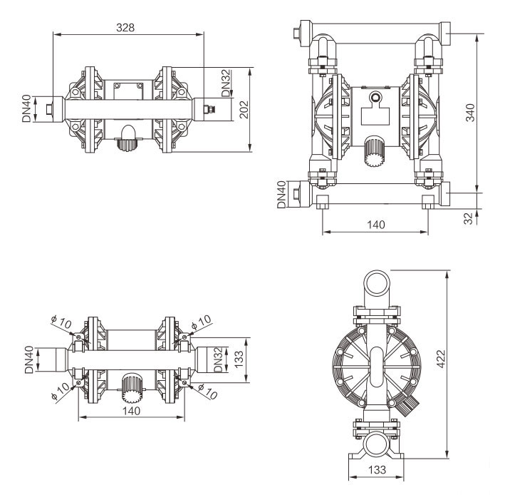 1-1/2" Air Operated Double Diaphragm Pump, 40GPM(图1) Dimension Drawing of 1-1/2 inch Air Operated Double Diaphragm Pump