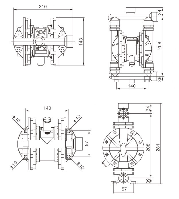 3/8" Air Operated Double Diaphragm Pump, 5 GPM(图1) Dimension Drawing of 3/8 inch Air Operated Double Diaphragm Pump