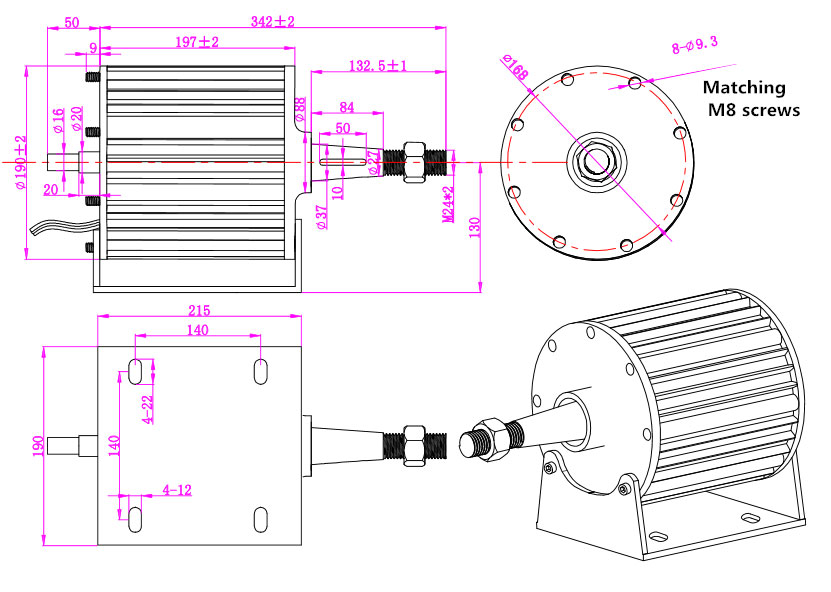1 kW 48v/120v Alternator, 3 Phase(图1) 1kW alternator dimension