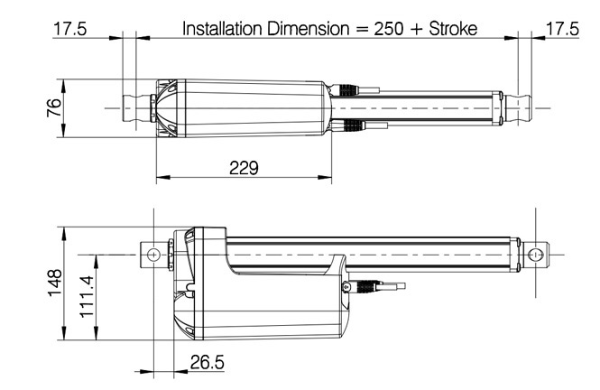 Heavy Duty Linear Actuator, 12V/24V, 12000N, 300mm Stroke(图1) Heavy duty 12000N linear actuator dimension