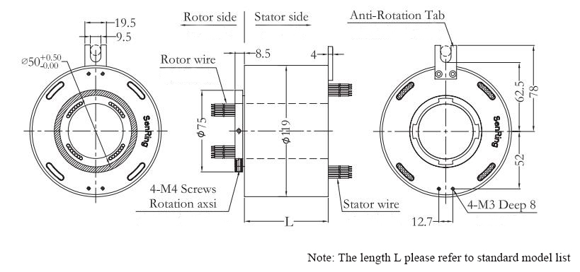 Through Bore Slip Ring, 25.4/38.1/40/50/60/80 mm Hole Diameter(图4) CHN-THSR-H50119 Through Bore Slip Ring Dimension Drawing