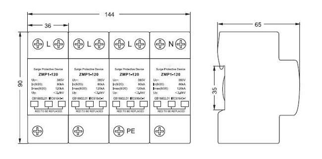 Surge Protection Device, Type 2, 100/120/150kA(图1) Type 2 SPD Dimensions