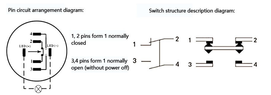 12V Momentary Push Button Switch, 1 NO + 1 NC(图2) Momentary push button pin circuit arrangement diagram