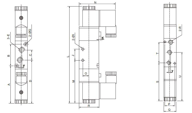 Pneumatic Double Solenoid Valve, 5 Way, 12V/24V/110V/220V(图1) 5-Way Pneumatic Double Solenoid Valve Dimensions