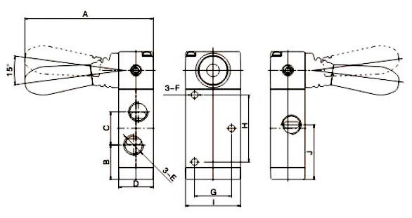 Pneumatic Hand Lever Valve, 3 Way, 2 Position(图2) Dimensions of 3 Way 2 Position Pneumatic Hand Lever Valve