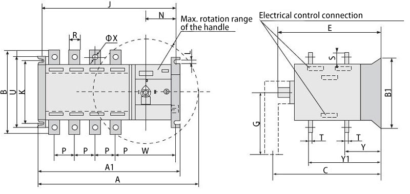 Automatic Transfer Switch, 4 Pole, 100/160/250 Amps(图1) 100A/160A/250A Auto Transfer Switch Dimensions