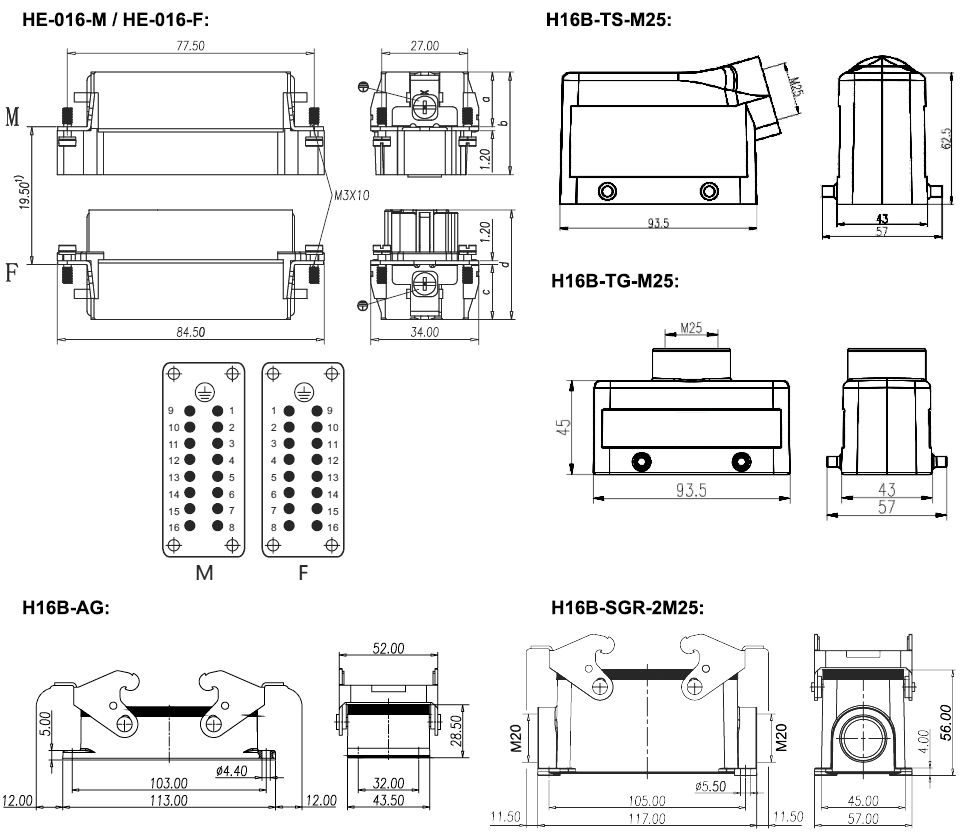 Heavy Duty Connector, 16 Pin, 250VAC/500VAC, 16A(图2) 16 pin AC 500 volt heavy duty connector dimension