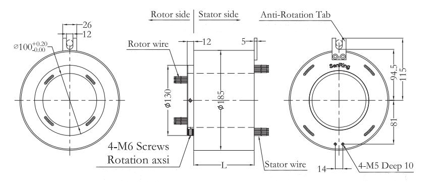 Hole Diameter 100mm Through Bore Slip, Outer Diameter 185mm(图1) 100mm Hole Diameter/185mm Outer Diameter Through Bore Slip Ring Dimension Drawing