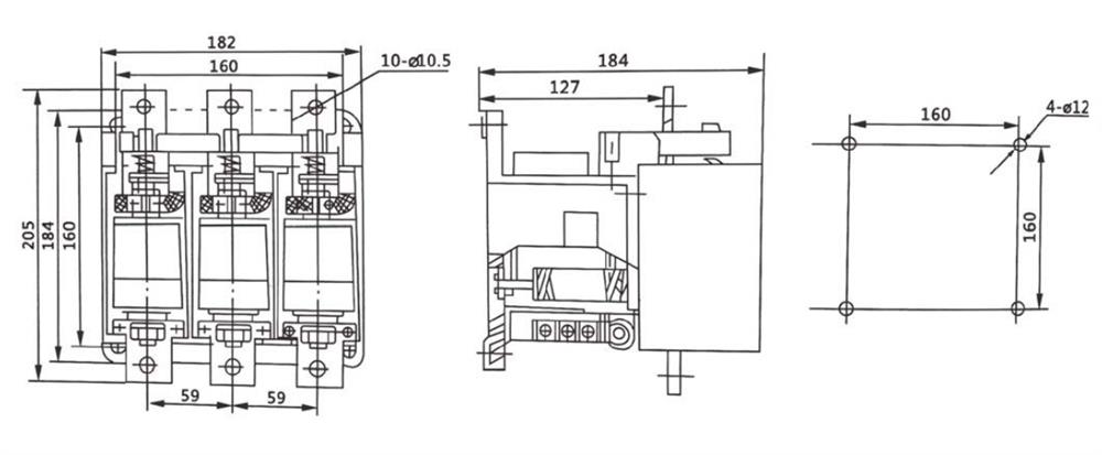 3 Phase AC Vacuum Contactor, 250A, 1140V(图1) ATO ac vacuum contactor outline and installation dimension