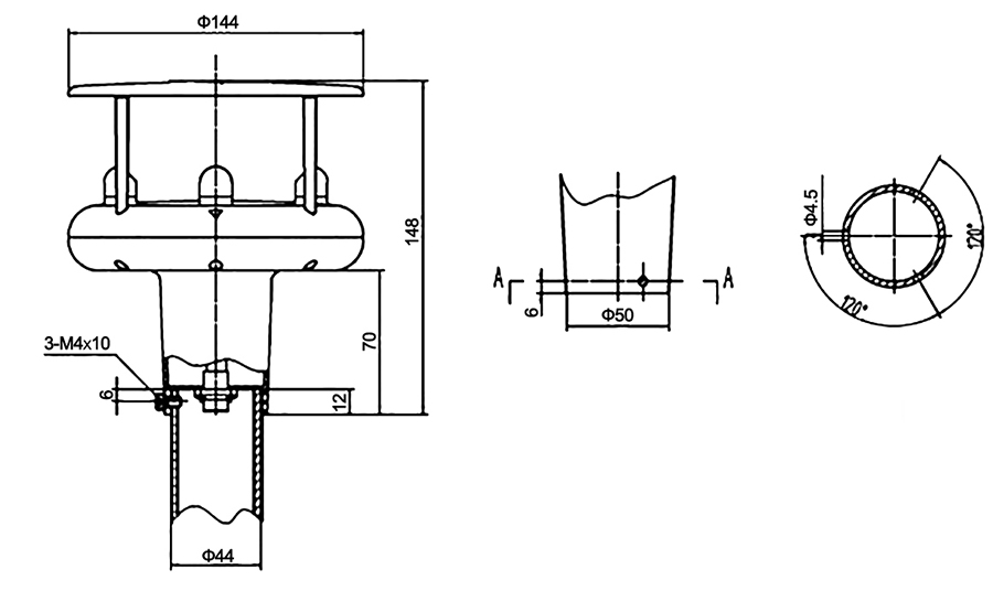Ultrasonic Anemometer for Wind Speed & Direction, 60 m/s(图1) Dimension of Ultrasonic Anemometer for Wind Speed & Direction, 60 m/s
