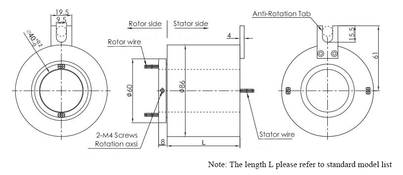 Through Bore Slip Ring, 25.4/38.1/40/50/60/80 mm Hole Diameter(图3) CHN-THSR-H4086 Through Bore Slip Ring Dimension Drawing
