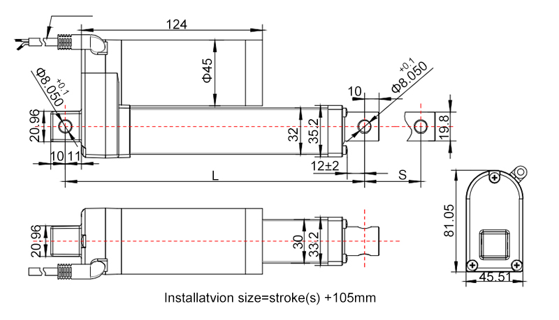 Electric Linear Actuator, 12V/24V, 3500N, 400mm Stroke(图1) 3500N electric linear actuator size