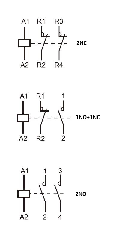 20 amp 2/4 pole Lighting Contactor, 24V/110V/220V Coil(图1) 2NO 1NO+2NC 2NO contact type diagram