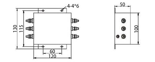 20A 3-phase EMI Line Filter, 2 Stage(图1) 20A 3-phase EMI Line Filter Dimension