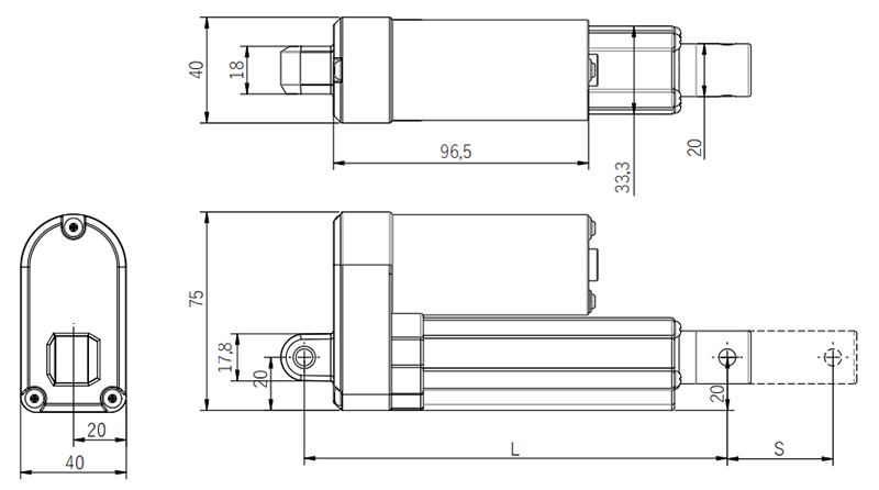 Mini Linear Actuator, 12V/24V, 850N, 150mm Stroke(图1) 12v/24v 1200N micro linear actuator size