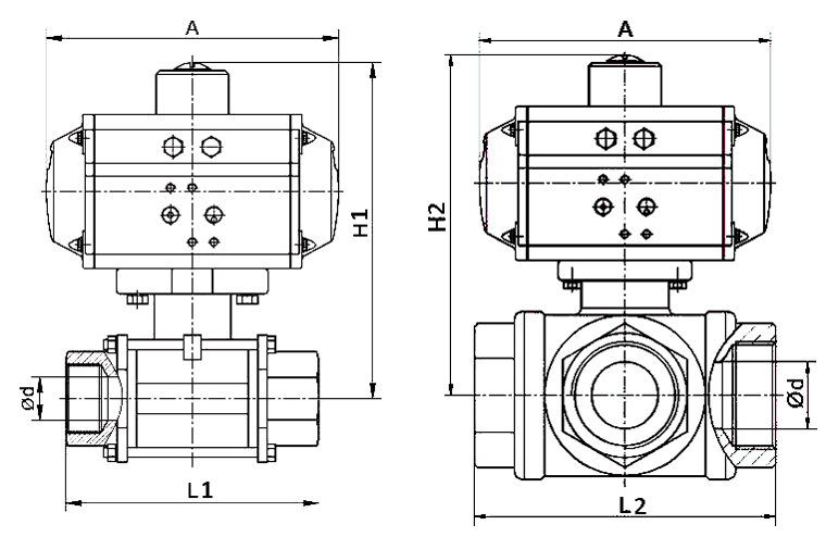 1/2" Pneumatic Ball Valve, 2 Way/ 3 Way(图1) 2 way 3 way stainless steel threaded type pneumatic ball valve dimension
