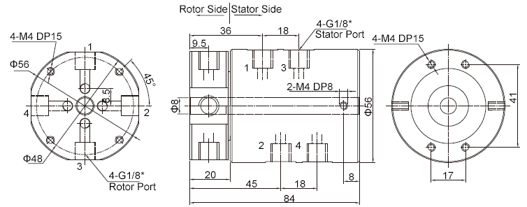 4-Passage Rotary Joint, Pneumatic/Electrical Slip Ring, G1/8" Thread Port(图1) 4-Passage Pneumatic Rotary Joint Dimension Drawing