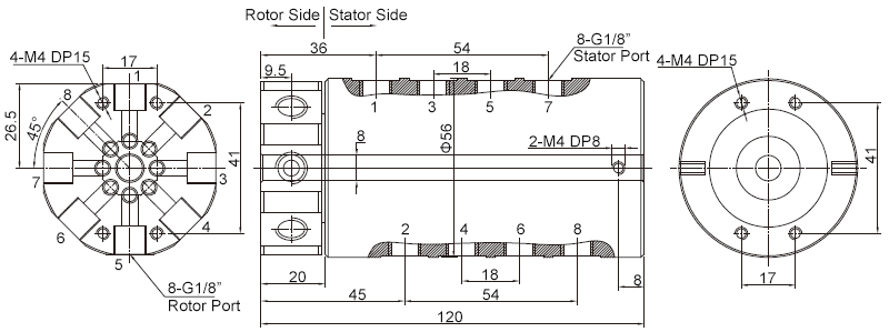 8-Passage Rotary Union, Pneumatic/Electrical Slip Ring for Air/Hydraulic(图1) 8-Passage Electrical/Pneumatic Rotary Union Dimension Drawing