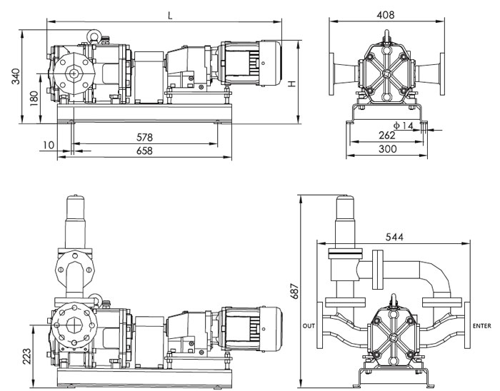 1 kW Rotary Lobe Pump(图2) 1 kW lobe pump installation dimensions