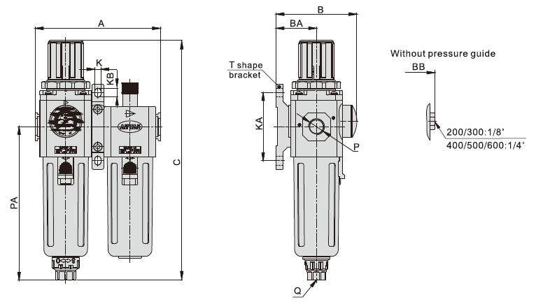 3/4" FRL Filter Regulator Lubricator(图2) Dimensions of Stainless Steel Air Compressor Filter Regulator Lubricator