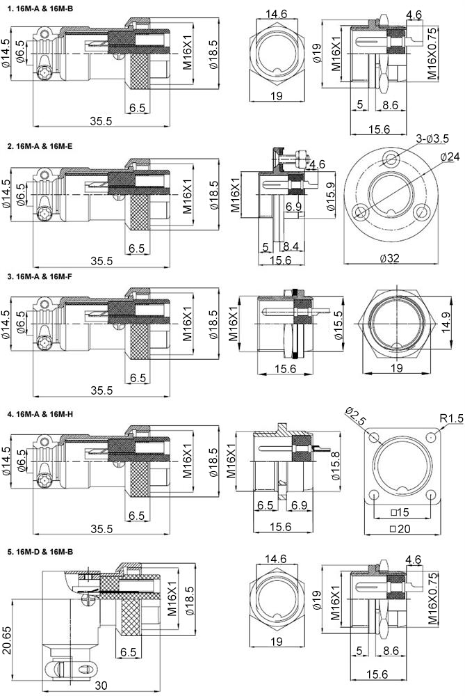 Circular Connector, 2/3/4/5/6/7/8/9/10 Pin, M16(图2) Circular connector 2 to 10 pin m16 dimensional drawing