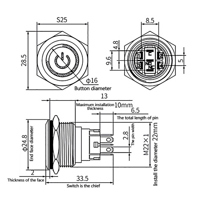22mm Momentary Push Button Switch, 220V(图1) 22mm momentary push button switch dimension