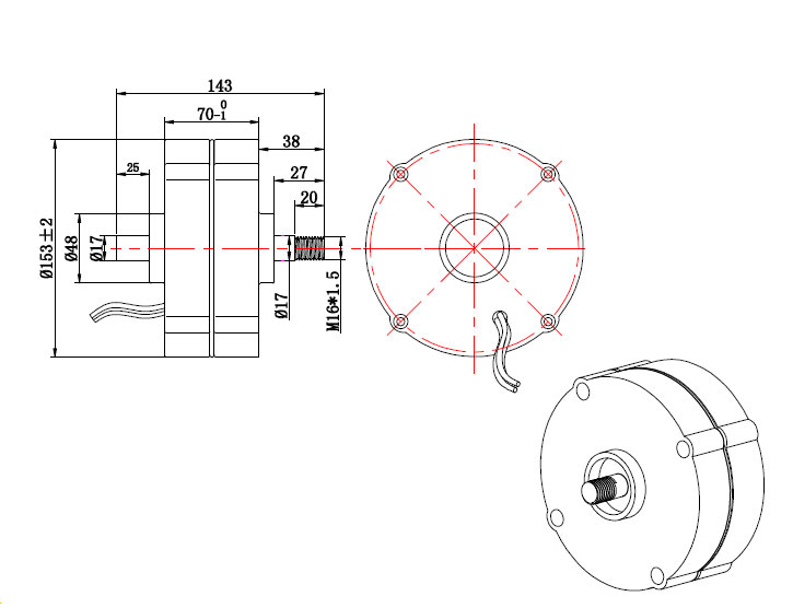 200W 12v/24v/48v Alternator, 3 Phase(图1) 200W generator dimension