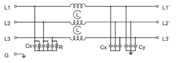EMI Power Line Filter 10A, 3 phase(图2) Three phase emi filter electrical schematic