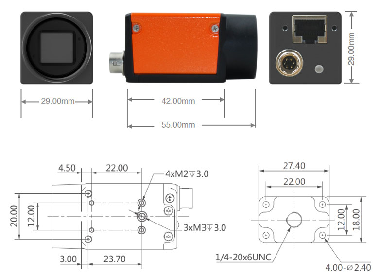GigE Vision Industrial Camera, 0.5MP, 1/3.6" CMOS, Mono/Color(图1) GigE vision industrial camera dimensions