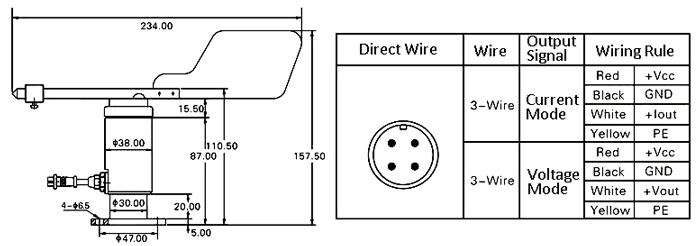 Wind Direction Anemometer, 0~360°, RS485 Output(图1) Dimension and wiring of wind direction anemometer