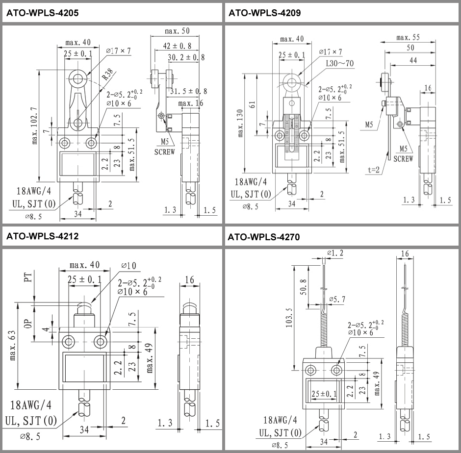 Waterproof Limit Switch, 1NO 1NC, 3A/250VAC, 5A/125VAC(图2) Waterproof limit switch with roller lever/top plunger/coil spring dimensional drawing