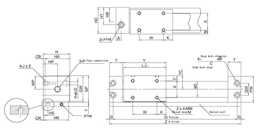 Rodless Air Cylinder, 25mm Bore, 300mm Stroke, Double Acting(图1) rodless air cylinder dimension