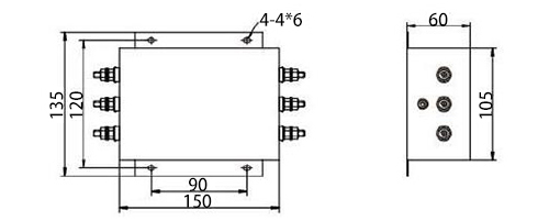 50A 3-phase EMI Line Filter, 2 Stage(图1) 50A 3-phase EMI Line Filter Dimension