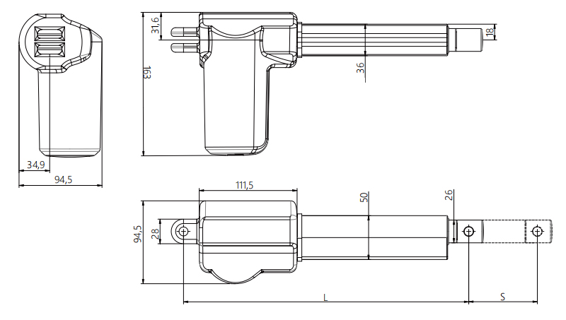 Mechanical Linear Actuator, 12V/24V, 6000N, 350mm Stroke(图1) 6000N 12v/24v linear actuator size