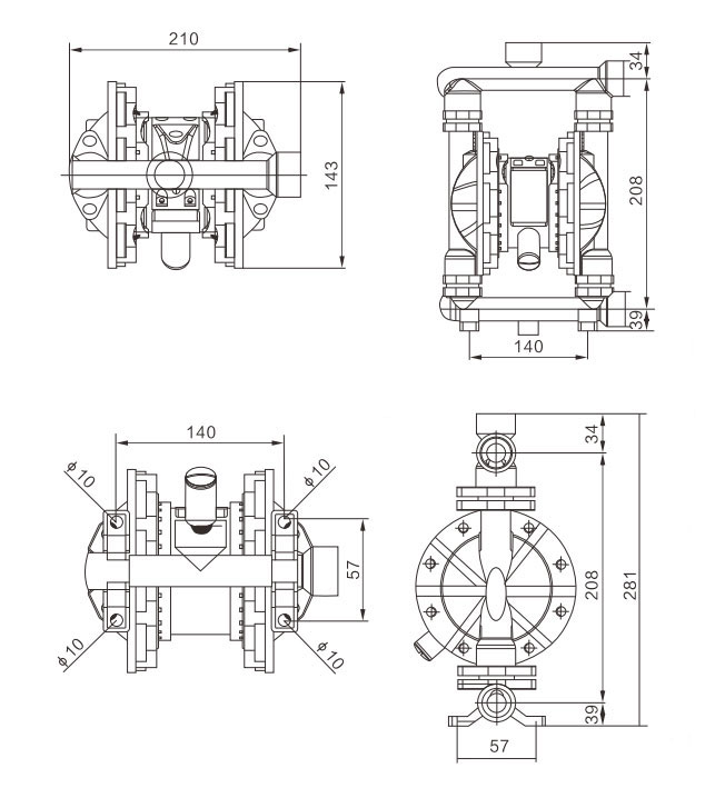 1/2" Air Operated Double Diaphragm Pump, 5 GPM(图1) 1/2 inch Air Operated Diaphragm Pump 5 gpm Dimension Drawing