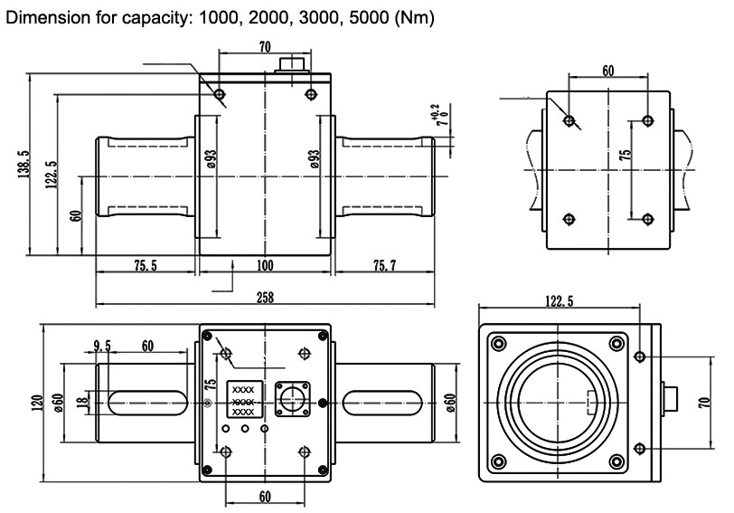 Digital Rotary Torque Sensor, 0.1/5/300/1000 Nm to 10000 Nm(图6) Rotary torque sensor dimension for capacity 1000-5000 Nm