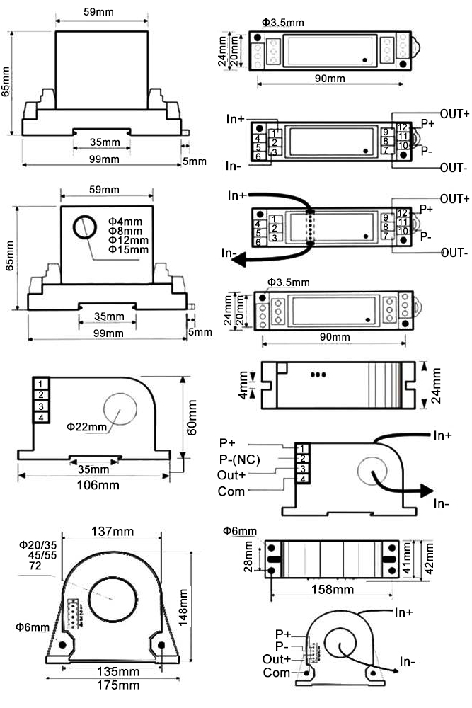 DC Current Sensor 1mA/1A/5A/10A/100A to 800A(图1) DC current sensor 1mA to 1000A dimension and wiring