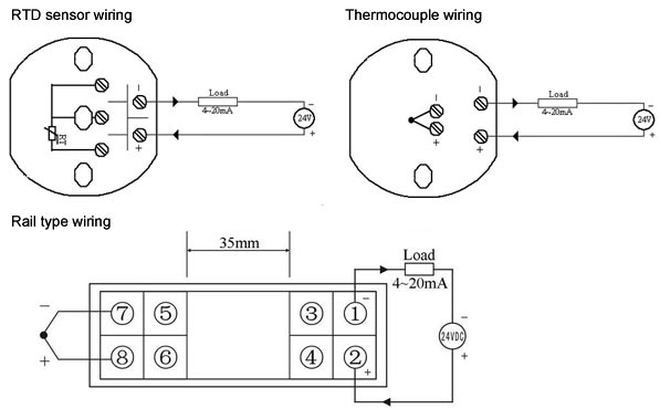 Temperature Transmitter, PT100/E/K/S/B/T/J/N/R Type(图2) Temperature transmitter wiring diagram