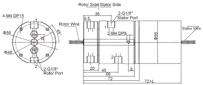 2-Passage Rotary Joint, Pneumatic/Electrical Slip Ring, G1/8" Thread Port(图3) 2-Passage Pneumatic/Electrical Rotary Joint, 5A/10A Signal Dimension Drawing