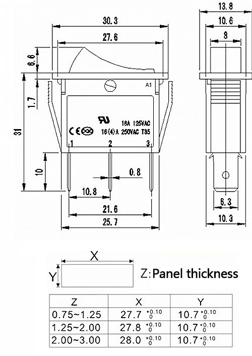 Illuminated Rocker Switch, 3 Pin(图1) Illuminated rocker switch dimension