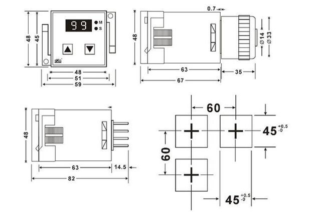 Digital Timer Relay, 8 Pin, 24V DC/110-240V AC(图1) CHN-TH100 Digital Timer Relay Dimensions