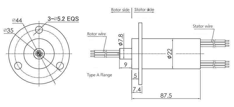 Miniature Capsule Slip Ring Connector, 25mm, 56-Wire, 2A(图1) 25mm Miniature Capsule Slip Ring Connector (Type A Flange) Dimension Drawing