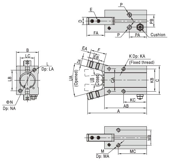 6mm-32mm Bore Size Pneumatic Gripper, Double Acting(图2) dimensions of pneumatic gripper