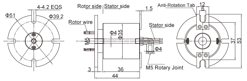 1-Passage Rotary Joint, Electrical/Pneumatic Slip Ring, M5 Thread Port(图1) 1-Passage Pneumatic Electrical Rotary Joint Dimension Diagram