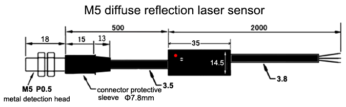 Laser Sensor, Distance/Height Measurement, M5, 200mm/50m(图1) Diffuse reflection laser sensor M5 dimensional drawing