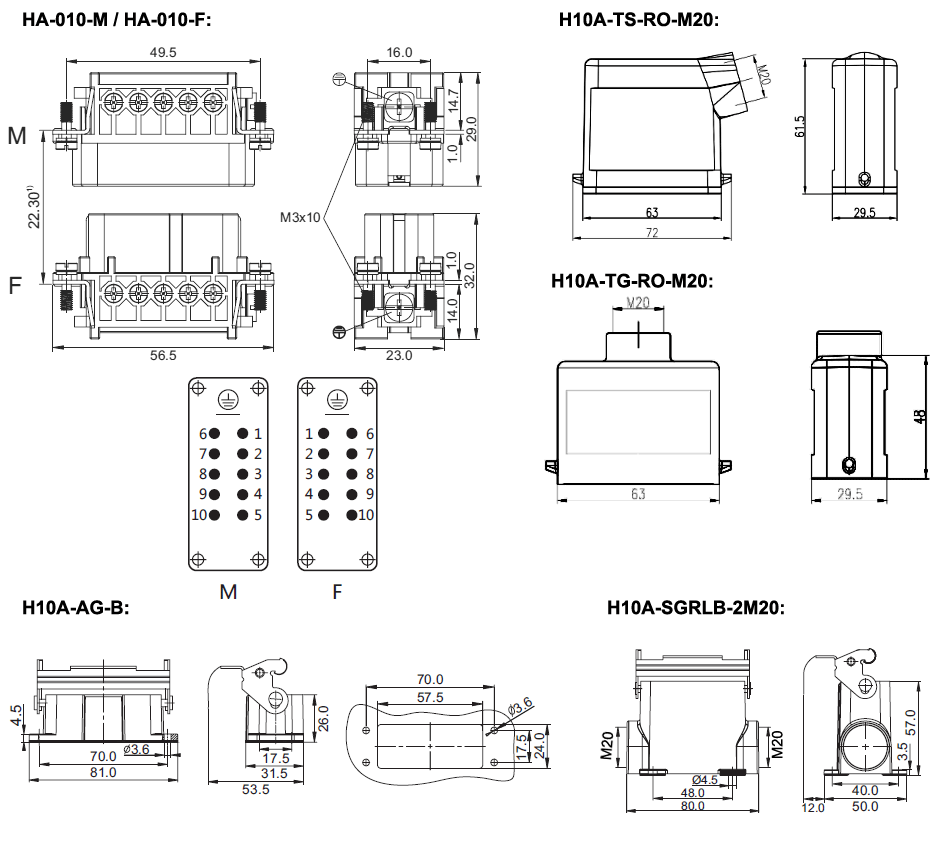 Heavy Duty Connector, 10 Pin, AC 250V/500V, 16A(图1) 10 pin AC 250 volt heavy duty connector dimension