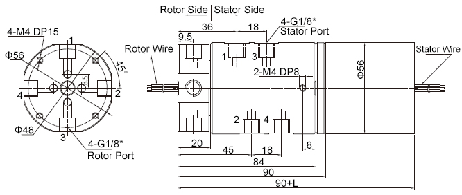 4-Passage Rotary Joint, Pneumatic/Electrical Slip Ring, G1/8" Thread Port(图3) 4-Passage Pneumatic Rotary Joint, 5A/10A Signal Dimension Drawing
