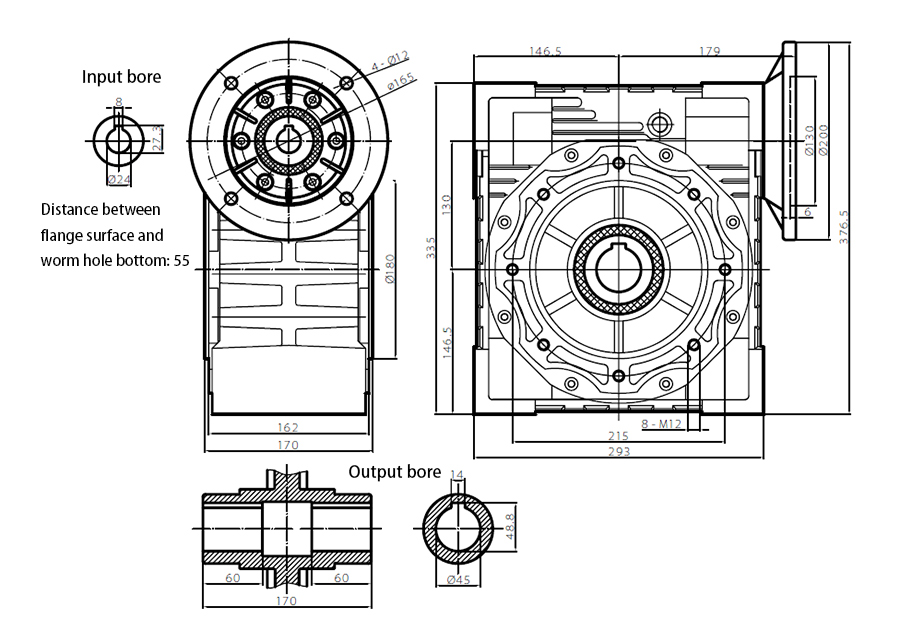 130mm Worm Gearbox, Ratio 5:1 to 100:1, 334 N.m(图1) ATO 130mm worm gear reducer outline dimensional drawing