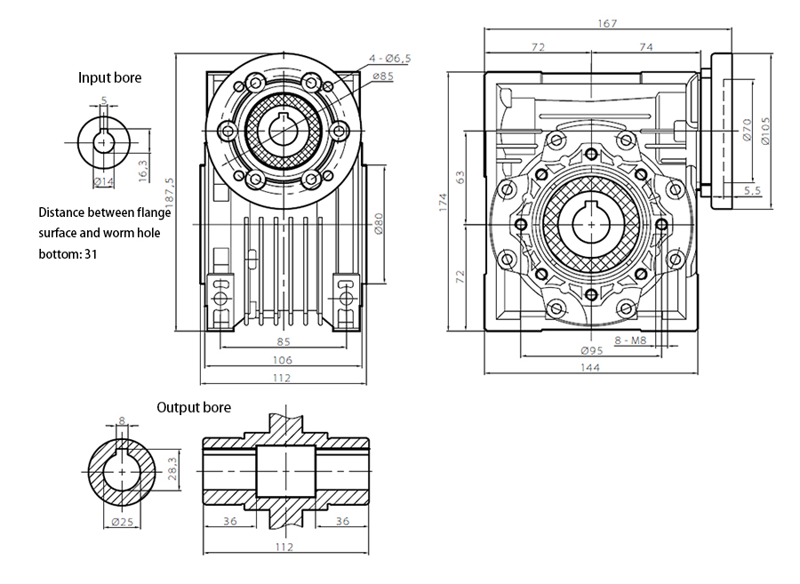 63mm Worm Gearbox, Ratio 5:1 to 100:1, 55 N.m(图1) ATO 63mm worm gear reducer outline dimensional drawing